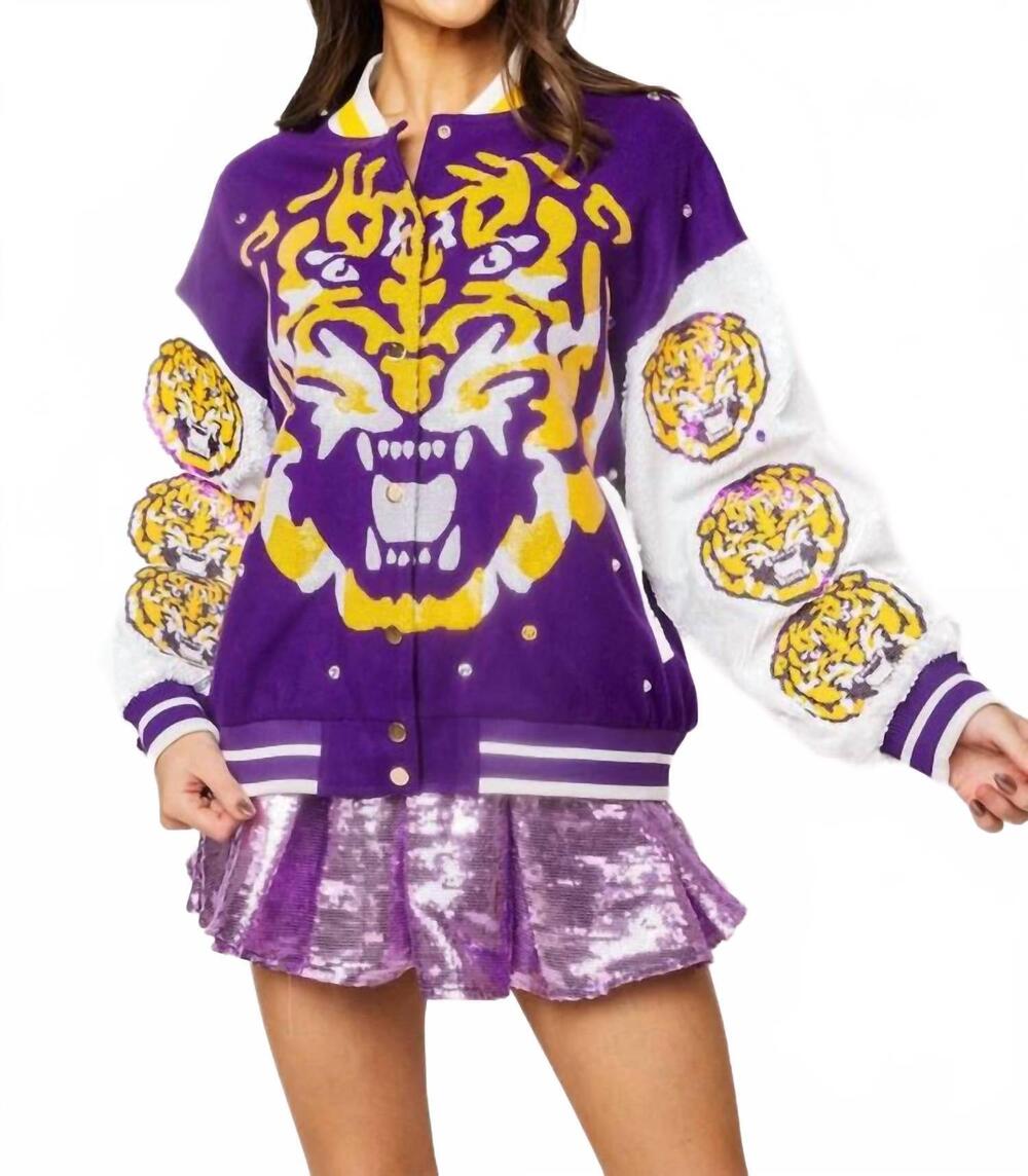 NEW QUEEN OF SPARKLES lsu bomber jacket in purple white